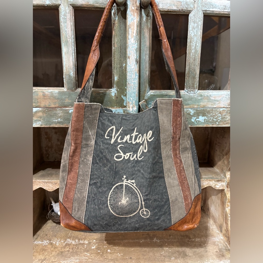 MONA B "Vintage Soul" Cotton Canvas & Leather Tote Bag